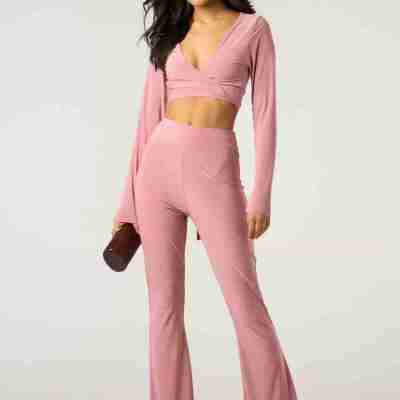 Nude Long Sleeve Tie Front Crop Top With High Waist Flare Pants Profile Picture