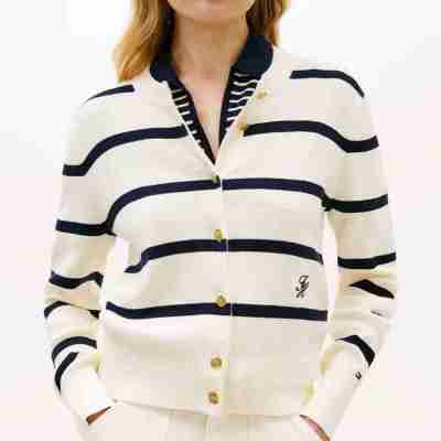 TOMMY HILFIGER PREMIUM KNIT GOLD-TONE BUTTON CARDIGAN BIG STP CALICO/ DARK NAVY Profile Picture