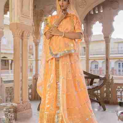 Peach Bamber Satin Laffa Patti work Handwork Poshak Profile Picture