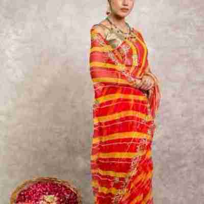 Orange lehariya Pure Georgette 20 Gsm aari sequins border butti handwork traditional wear saree Profile Picture