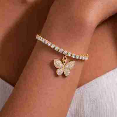 3.5 MM Moissanite Tennis Bracelet with Butterfly Charm in 925 Sterling Silver (14K Yellow Gold Plate Profile Picture